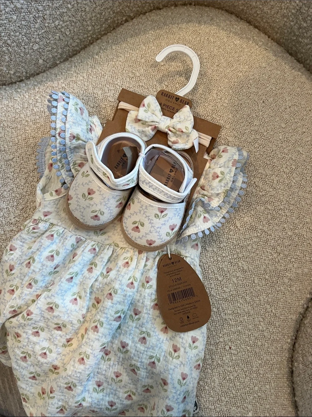 NWT Girls Floral White Dress and Matching White Baby Shoes 12m